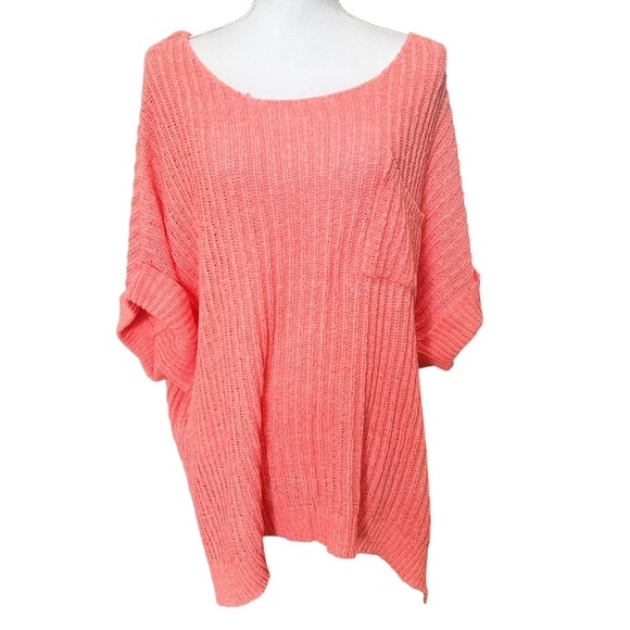 Easel Boxy Cuffed Short Sleeve Knitted Ribbed Sweater Coral Front Pocket Small - Picture 2 of 15